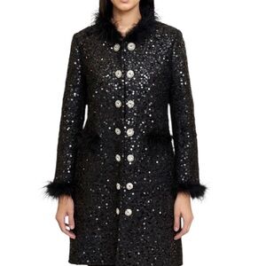 Black Sequin Faux Fur Long Jacket